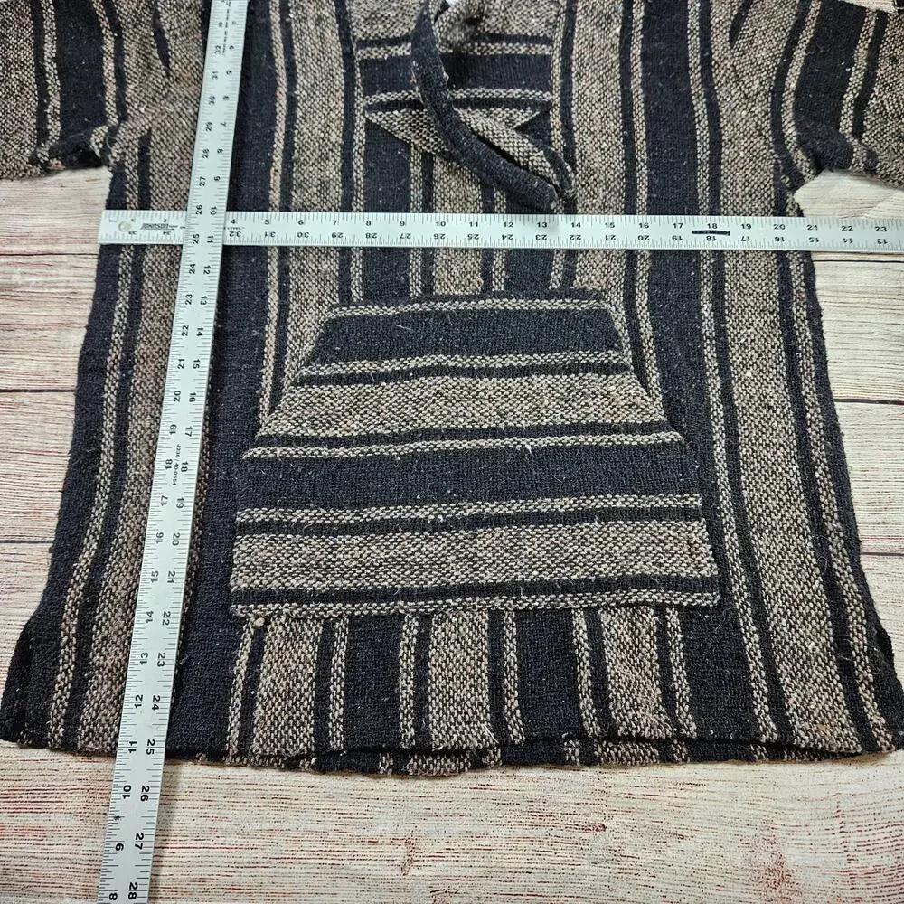 Men's Baja Hoodie Black Beige Stripe Small S Polyester Acrylic Pullover